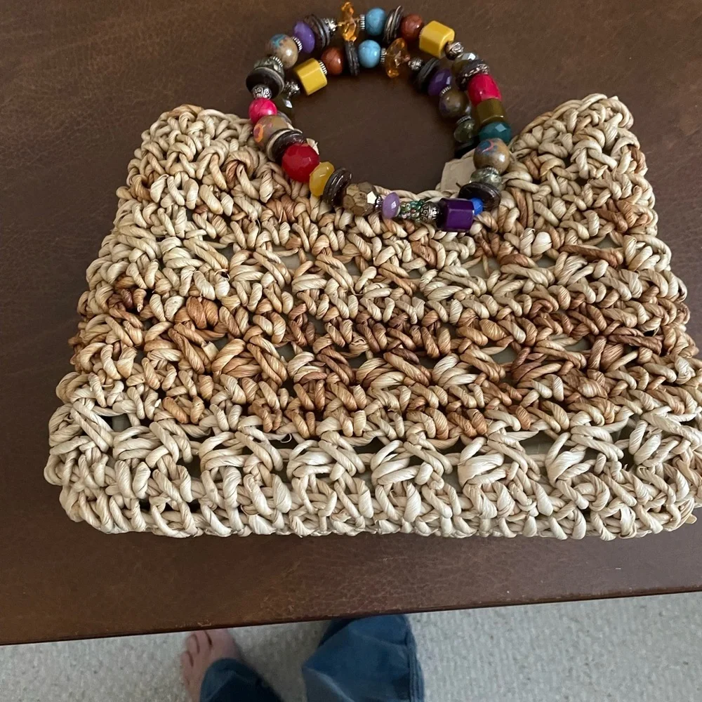 Capelli Strawworld Woven Beige Purse with Bohemian Beaded Handle, Island Living.